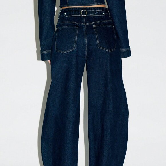 Dark Wash Casual Women's Barrel Cut Wide Leg High Waisted Jeans - Picture 2 of 5